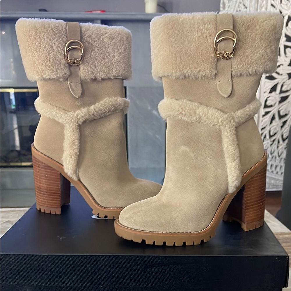 Coach Cream and Gold Heeled Boots with Elegant Design